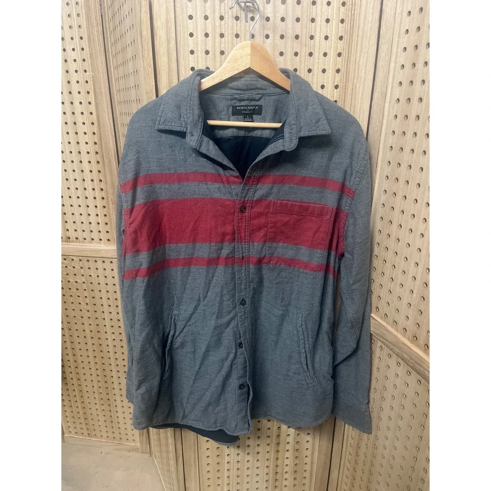 Banana Republic Standard Fit Men's‎ Gray Red Stripe Button Up Long Sleeve Size L